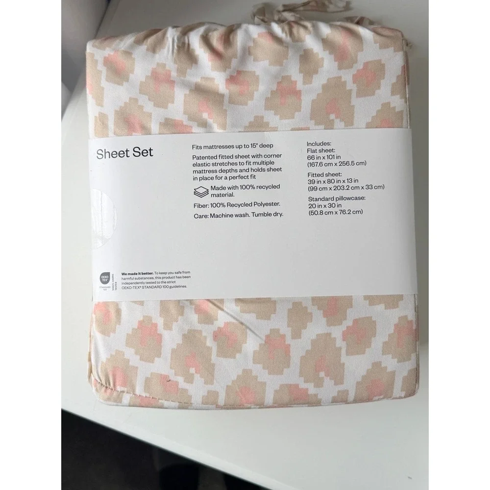 Room Essentials Twin XL Sheet Set Pink Tan Leopard‎ Microfiber NEW